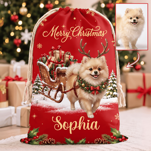 Borsa regalo personalizzata in tela con foto natalizia del proprio animale domestico su una slitta trainata da renne e cordoncino, con nome: regalo di Natale per bambini, proprietari di animali domestici e amanti degli animali