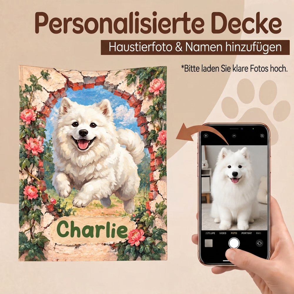 Personalisierte Kuscheldecke | mit Haustierfoto und Blumenrahmen | Wohndecke für Sofa und Schlafzimmer | Geburtstagsgeschenk für Tierliebhaber 6