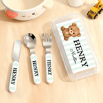 Personalised Cute Animal Name Fork Spoon Knife 3 Pcs Cutlery Set with Surname and Case Back to School Birthday Gift for Boys Girls