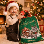 Borsa regalo personalizzata in tela con foto natalizia del proprio animale domestico su una slitta trainata da renne e cordoncino, con nome: regalo di Natale per bambini, proprietari di animali domestici e amanti degli animali 5