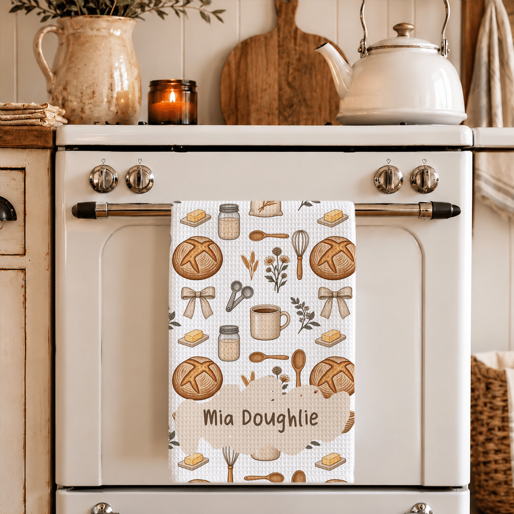 Torchon de cuisine personnalisé vintage sur le thème de la pâtisserie, du pain et des gaufres, avec inscription – Cadeau de pendaison de crémaillère ou d'anniversaire pour les passionnés de pâtisserie 2