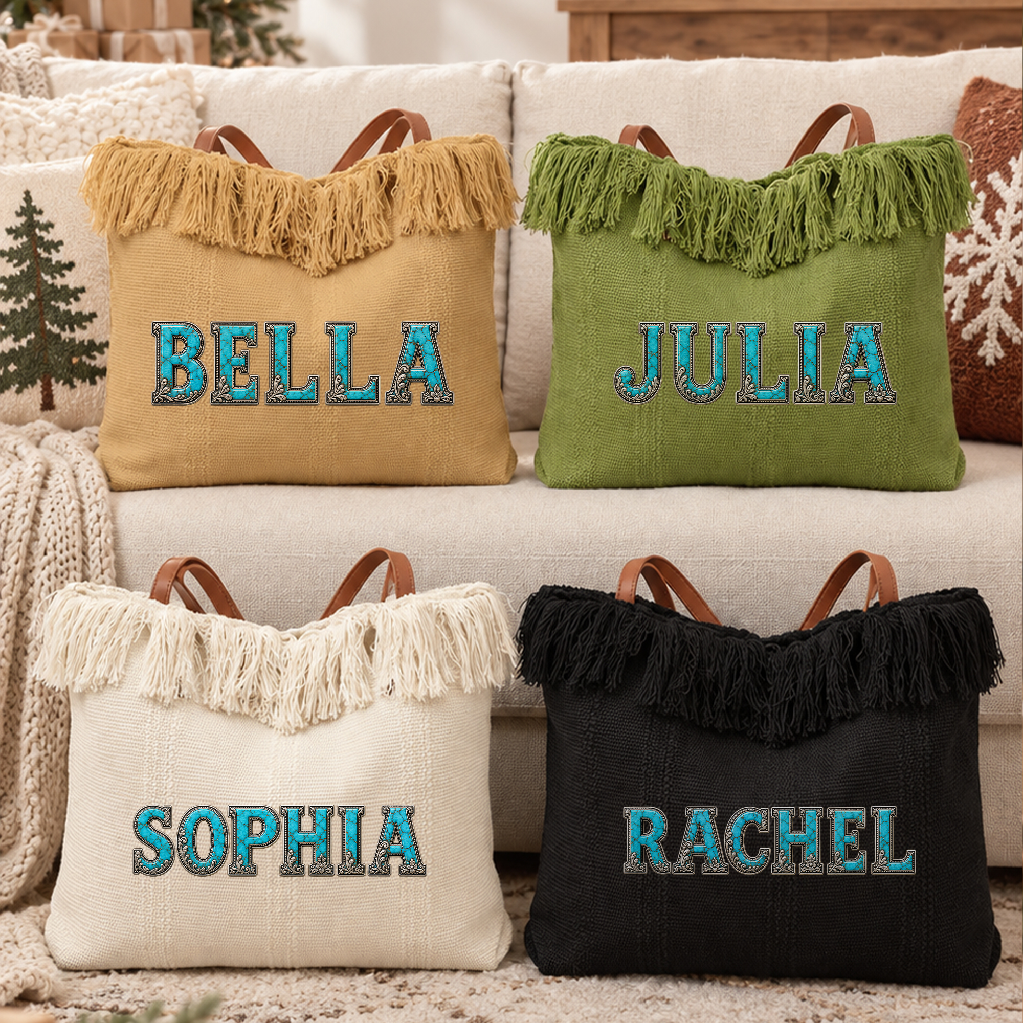 Personalisierte Canvas-Tragetasche im Western-Stil mit Türkisstein-Struktur und Namensquaste sowie PU-Ledergriff – als Geburtstags-, Dankes- oder Weihnachtsgeschenk für Cowgirls und Frauen