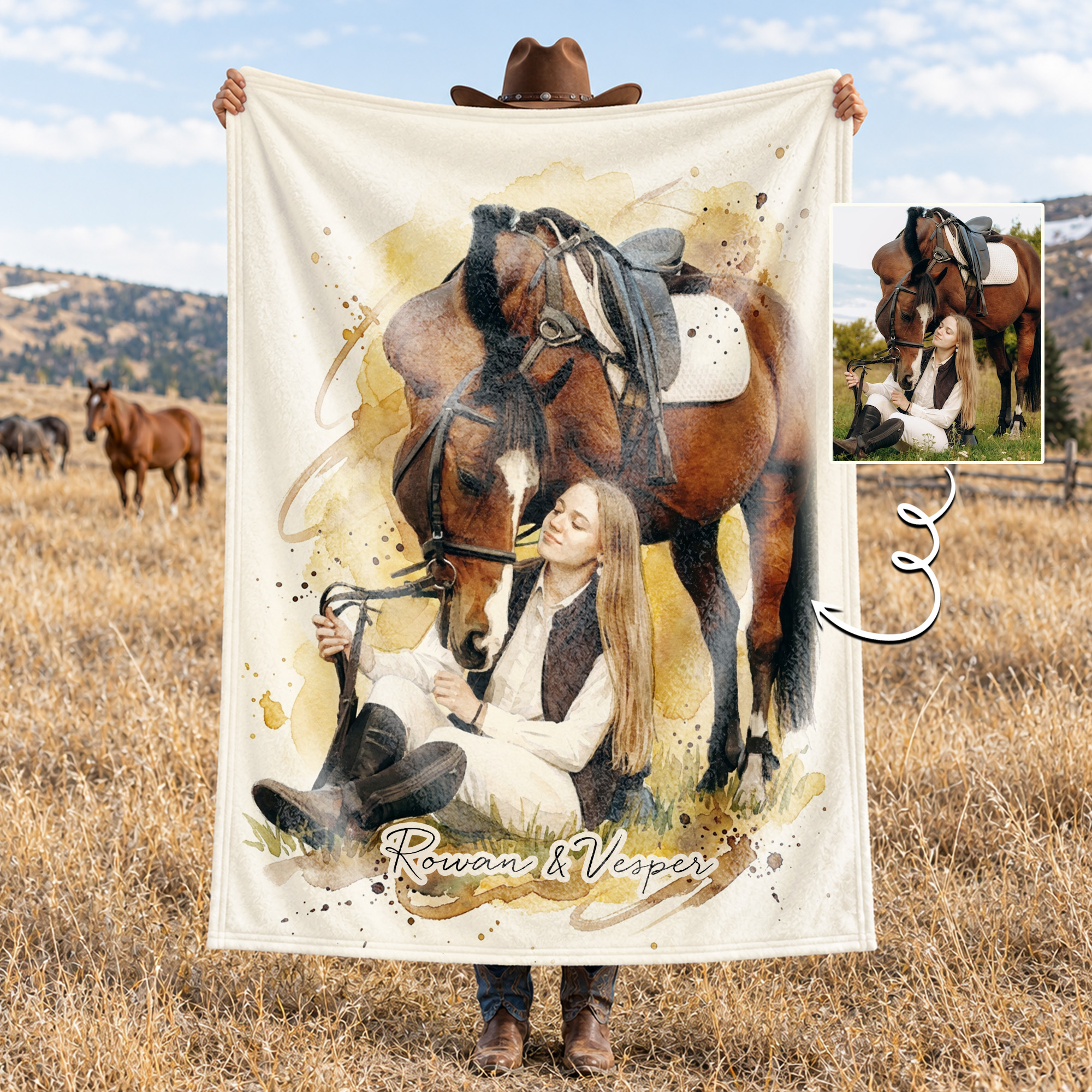 Personalized Watercolor Horse Portrait Photo Soft Throw Blanket with Text Birthday Christmas Gift for Horse Lovers