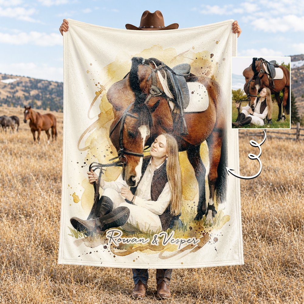 Personalized Watercolor Horse Portrait Photo Soft Throw Blanket with Text Birthday Christmas Gift for Horse Lovers 1