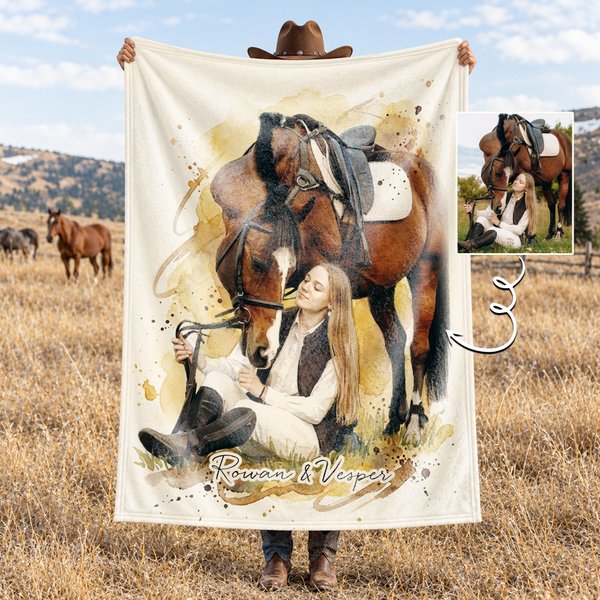 Coperta morbida personalizzata con foto di un cavallo dipinto ad acquerello e scritta: regalo di compleanno o di Natale per gli amanti dei cavalli