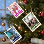 Décoration de Noël en bois personnalisée avec photo de voyage et tampon, ornement en forme d'arbre avec inscription – Cadeau d'anniversaire de mariage pour la famille ou les amis