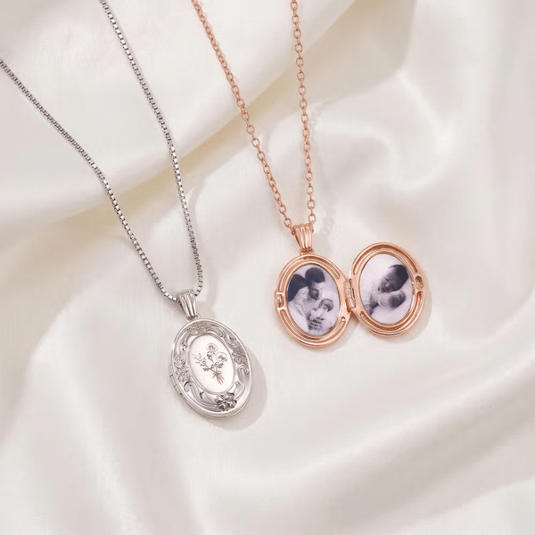 Personalised Birth Flower Photo Sterling Silver Necklace Christmas Birthday Gift for Wife Mother Grandmother