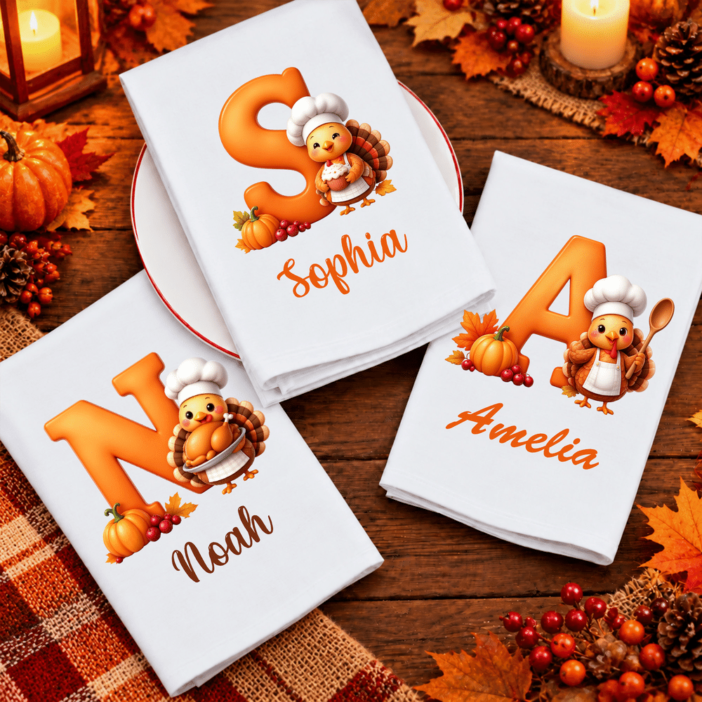 Servilleta personalizada de algodón 100 % con motivos de hojas, calabazas, un chef y un pavo pequeño, con inicial y nombre; regalo para el Día de Acción de Gracias o un cumpleaños, ideal para familiares y amigos 2
