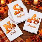 Servilleta personalizada de algodón 100 % con motivos de hojas, calabazas, un chef y un pavo pequeño, con inicial y nombre; regalo para el Día de Acción de Gracias o un cumpleaños, ideal para familiares y amigos 2