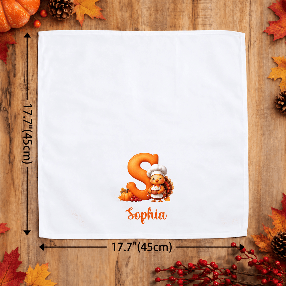 Servilleta personalizada de algodón 100 % con motivos de hojas, calabazas, un chef y un pavo pequeño, con inicial y nombre; regalo para el Día de Acción de Gracias o un cumpleaños, ideal para familiares y amigos 8
