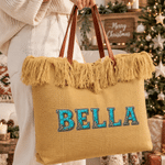Personalised Western Turquoise Stone Texture Name Tassel Canvas Tote Bag with PU Leather Handle Birthday Appreciation Christma Gift for Cowgirls Women