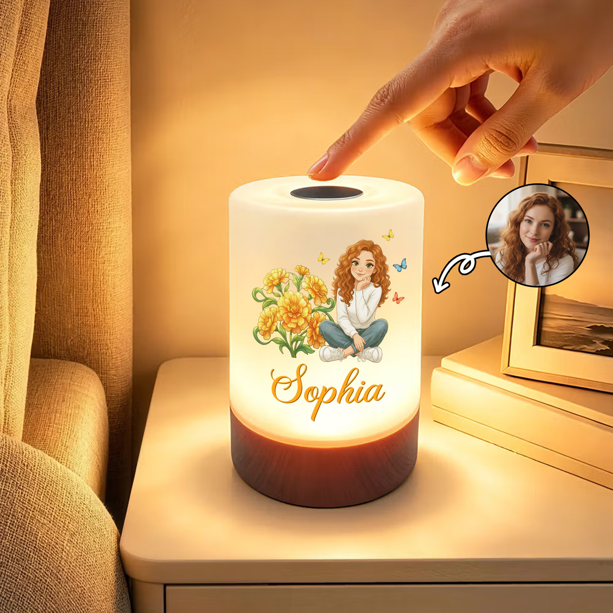 Personalized Birth Flower 3D-Style Character Artwork Photo Touch Control Night Light with Name Home Decor Birthday Gift for Family Friends
