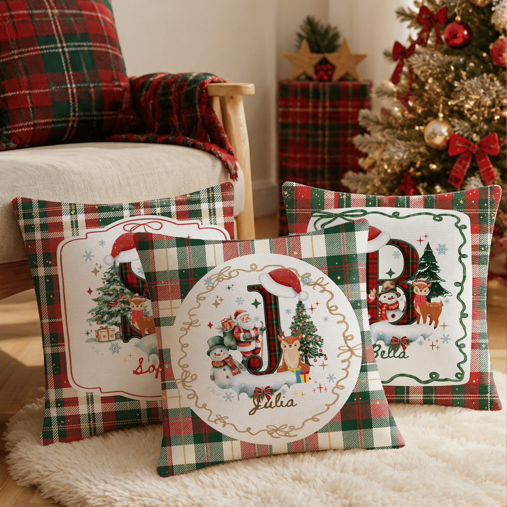 Personalized Santa Claus Plaid Initial Soft Throw Pillow Cover with Name Home Decor Christmas Gift for Family Friends 2