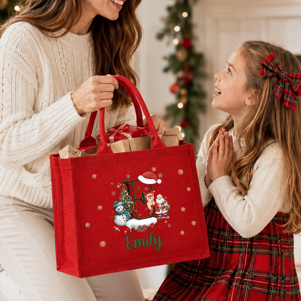 Personalized Christmas Theme Santa Snowman Reindeer Initial Red Jute Tote Bag with Name Christmas Holiday Gift for Family Friends Kids 4