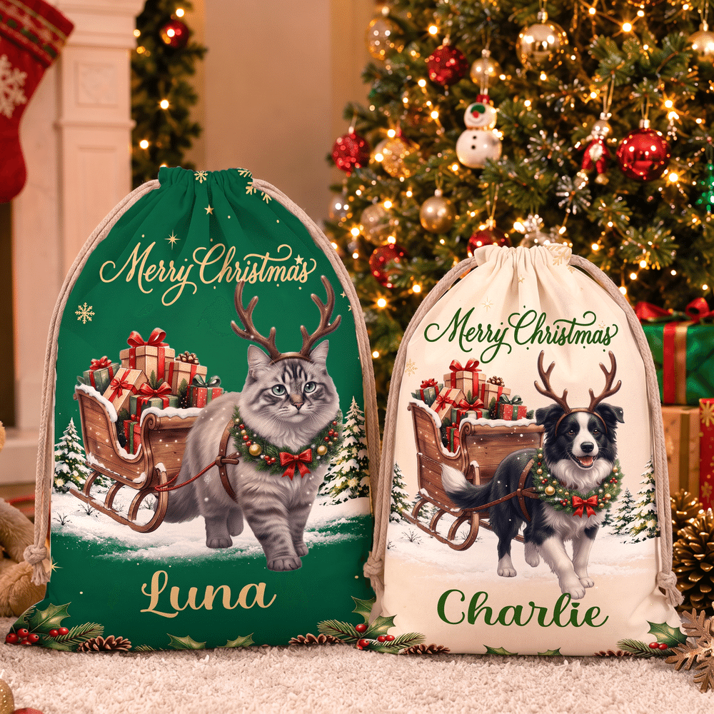 Borsa regalo personalizzata in tela con foto natalizia del proprio animale domestico su una slitta trainata da renne e cordoncino, con nome: regalo di Natale per bambini, proprietari di animali domestici e amanti degli animali 3