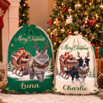 Borsa regalo personalizzata in tela con foto natalizia del proprio animale domestico su una slitta trainata da renne e cordoncino, con nome: regalo di Natale per bambini, proprietari di animali domestici e amanti degli animali 3