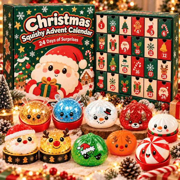 Christmas Squishy Fidget Toy Set, 24Pcs Cute Glitter Squeeze Toys, Soft Slow-Relief Stress Relief Dolls, Surprise Advent Gift Box, Gift for Kids