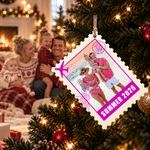 Décoration de Noël en bois personnalisée avec photo de voyage et tampon, ornement en forme d'arbre avec inscription – Cadeau d'anniversaire de mariage pour la famille ou les amis