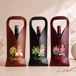 Sac de protection pour bouteille de vin en cuir PU personnalisé, orné d'un personnage de dessin animé et d'une fleur symbolisant le mois de naissance, avec prénom : cadeau d'anniversaire ou de mariage pour les amateurs de vin