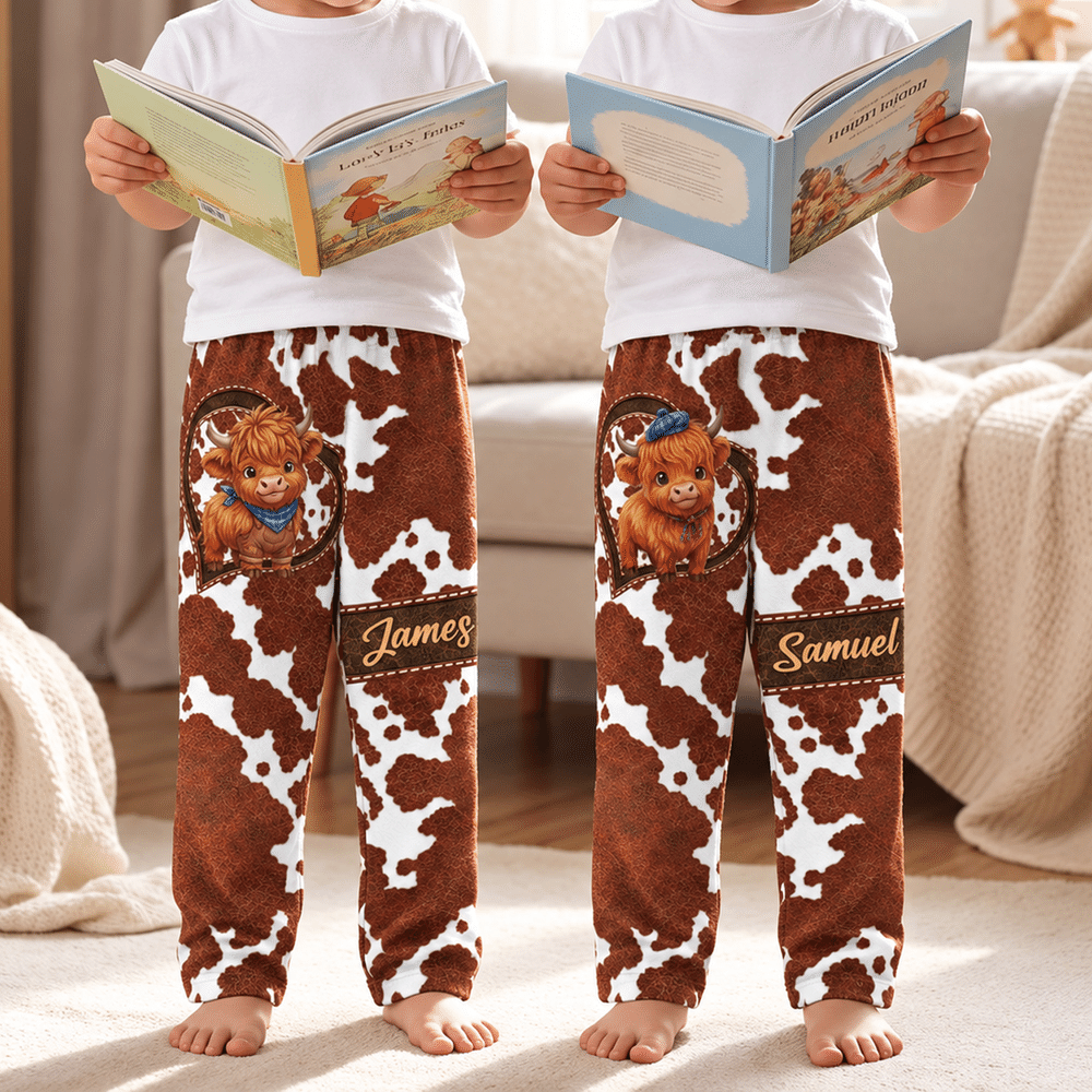 Pantalones de pijama suaves personalizados con diseño de vaca de las Highlands y nombre: regalo de cumpleaños o Navidad para el día a día, ideal para los amantes de las vacas de la familia 3