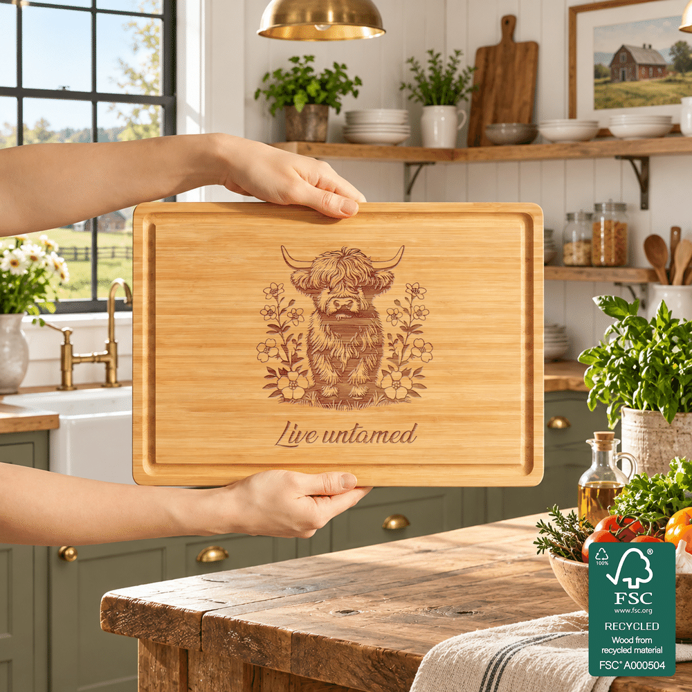 Personalized Vintage Highland Cow FSC Bamboo Charcuterie Cutting Board with Juice Groove and Text Housewarming Holiday Gift for Highland Cow Lovers 6