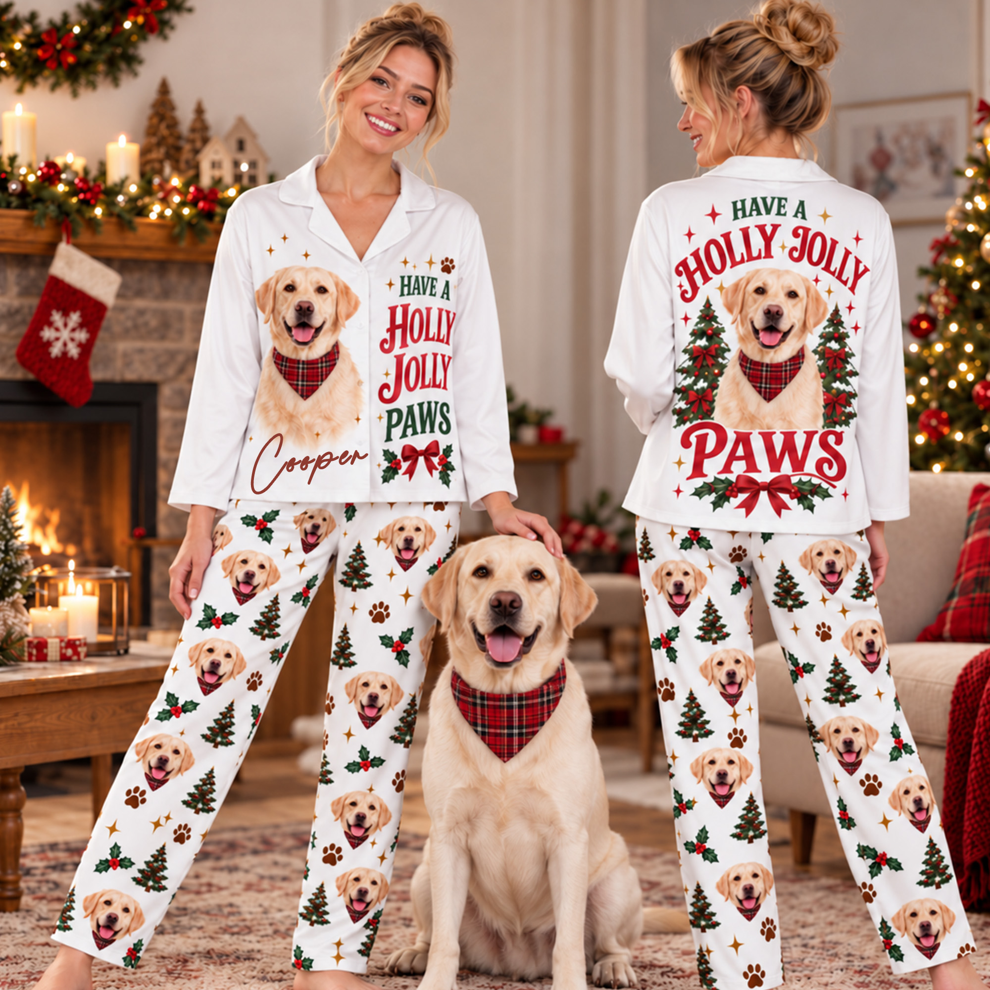 Personalized Have A Holly Jolly Paws Pet Photo Soft Women Pajamas Pants Set Home Wear Christmas Gift for Pet Lovers Owners