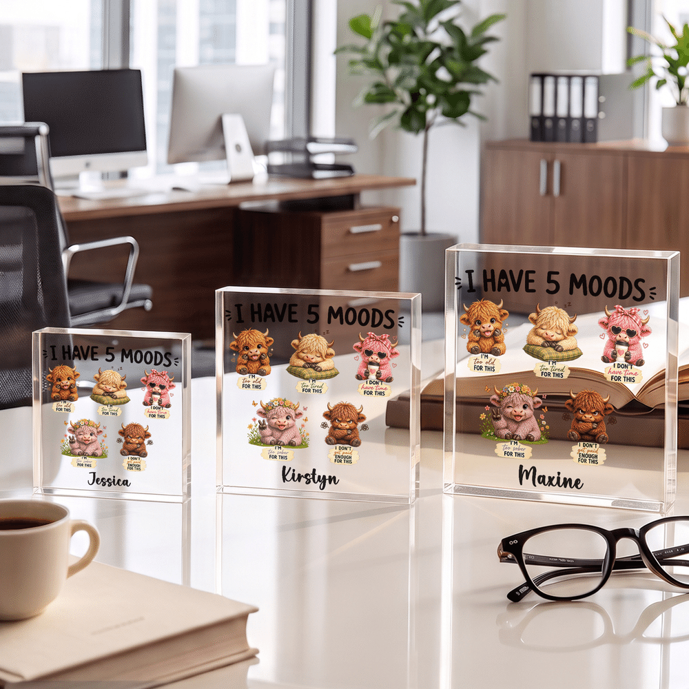 Targhetta da scrivania personalizzata in acrilico con la scritta "I Have 5 Moods" e motivo "Highland Cow", con nome, decorazione per l'ufficio, regalo di compleanno per amici e colleghi 2