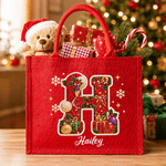 Borsa tote in juta rossa personalizzata con iniziali in perline, capiente, regalo di Natale per bambini e amici