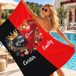Personalized Love Theme King Queen Crown Rose Oversized Quick Dry Beach Towel with Name Summer Vacation Birthday Gift for Couple