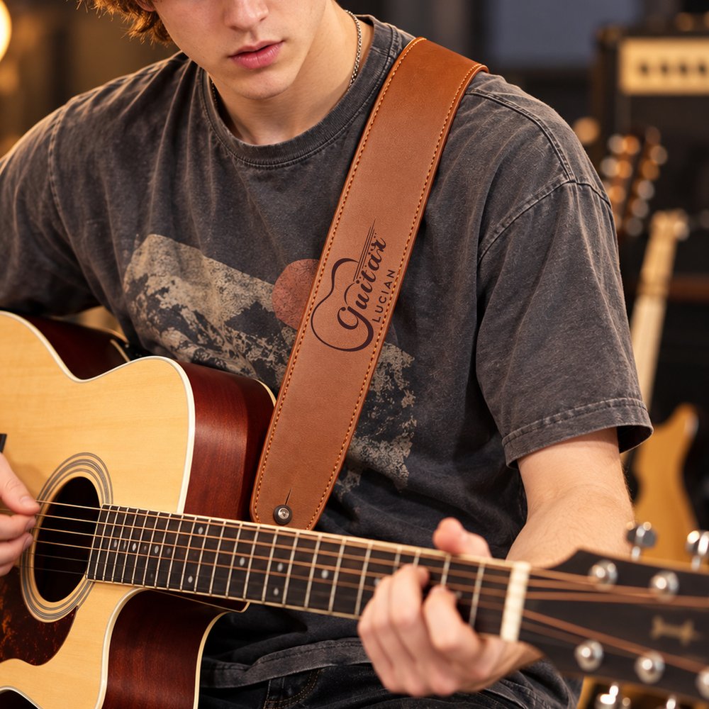 Personalised Guitar-Themed Pattern Adjustable PU Leather Guitar Strap with Name Music Accessories Birthday Gift for Guitarist Musician 2
