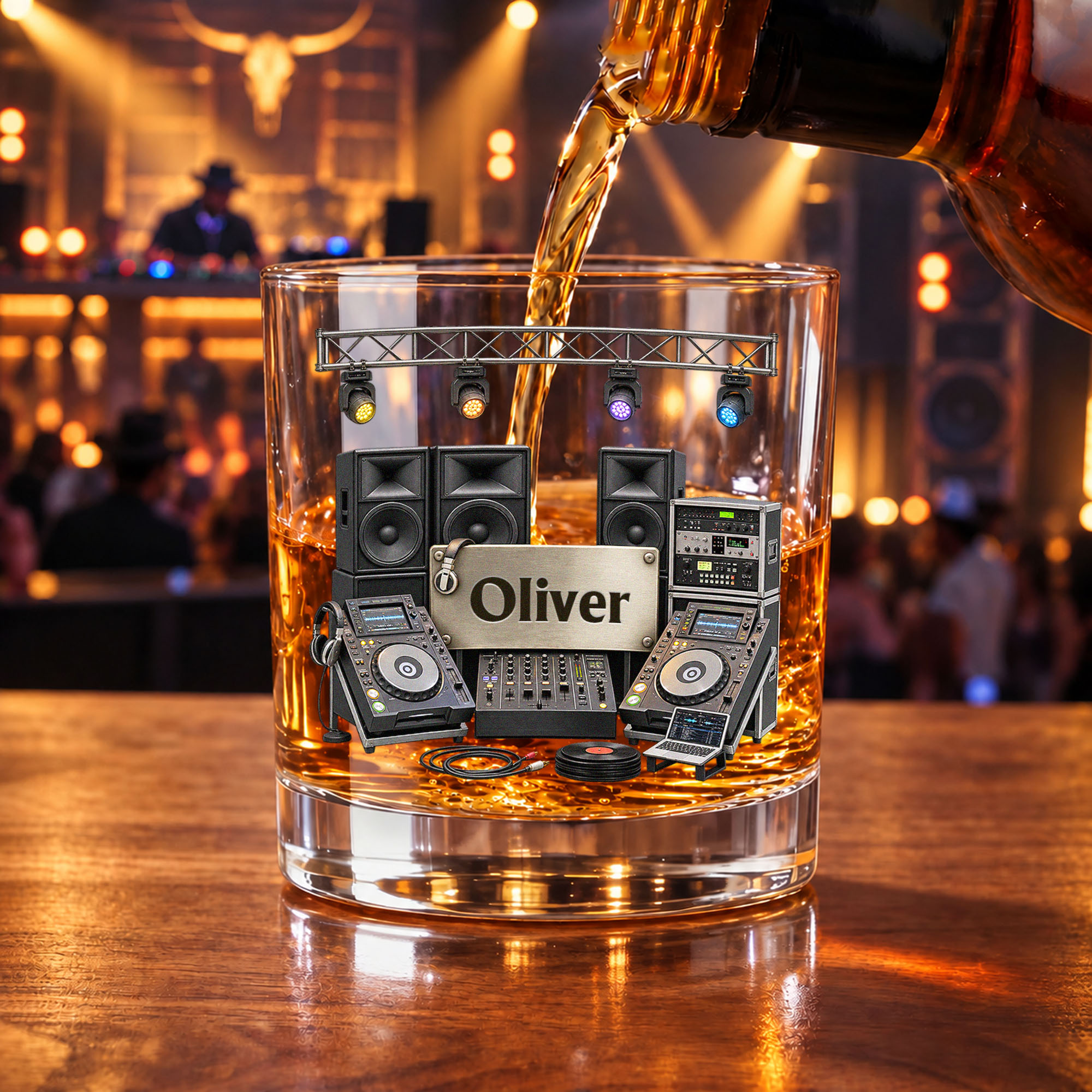 Personalized DJ Music Equipment Theme 10 oz Rock Whiskey Glass with Name Daily Use Christmas Housewarming Gift for DJ Musician