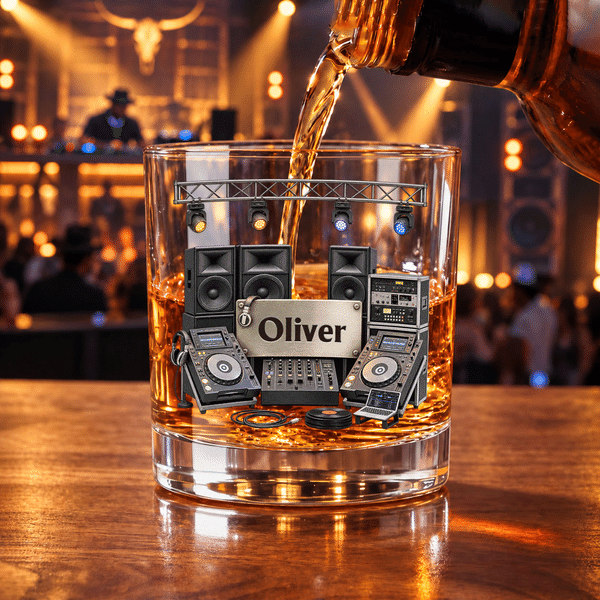 Personalized DJ Music Equipment Theme 10 oz Rock Whiskey Glass with Name Daily Use Christmas Housewarming Gift for DJ Musician