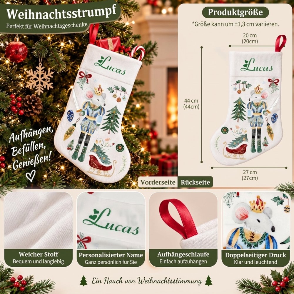 Personalisierter Weihnachtsstrumpf im Nussknacker-Design | mit Namen | Deko-Kaminstrumpf zum Befüllen | Weihnachtsgeschenk für Kinder & Familie 8