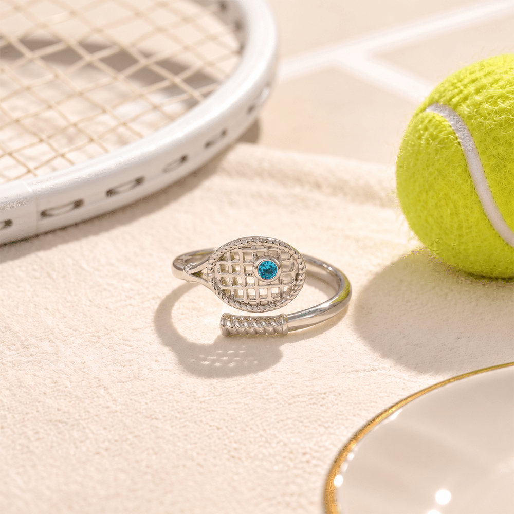 Personalized Tennis Racket Birthstone Ring Sports Jewelry Graduation Daily Wear Gift for Tennis Lovers Friends 1