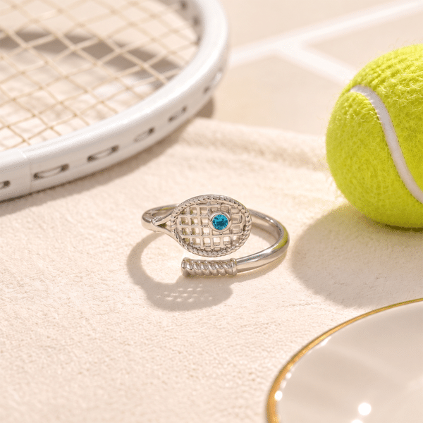 Personalized Tennis Racket Birthstone Ring Sports Jewelry Graduation Daily Wear Gift for Tennis Lovers Friends