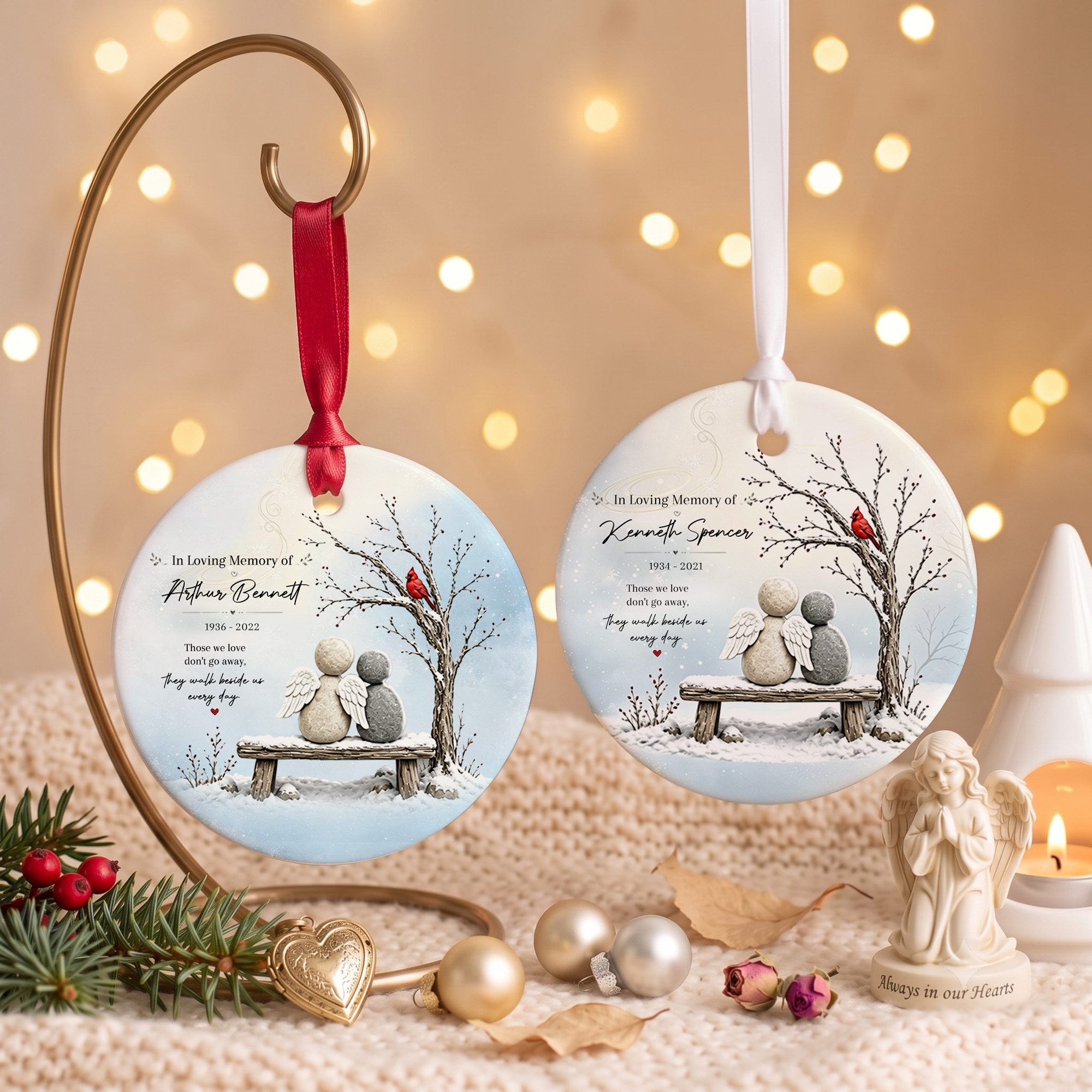 Personalized Snow Scenery Bench Angel-Like Stone Figure Ceramic Ornament with Name and Year Holiday Decor Christmas Gift for Family Friend