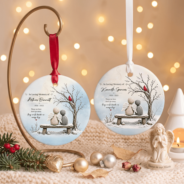 Personalized Snow Scenery Bench Angel-Like Stone Figure Ceramic Ornament with Name and Year Holiday Decor Christmas Gift for Family Friend