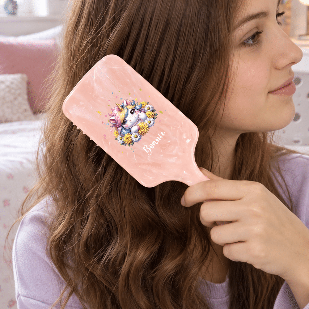 Personalised Fantasy Unicorn Birth Flower Hair Brush with Name Daily Use Birthday Christmas Gift for Women Girls 2