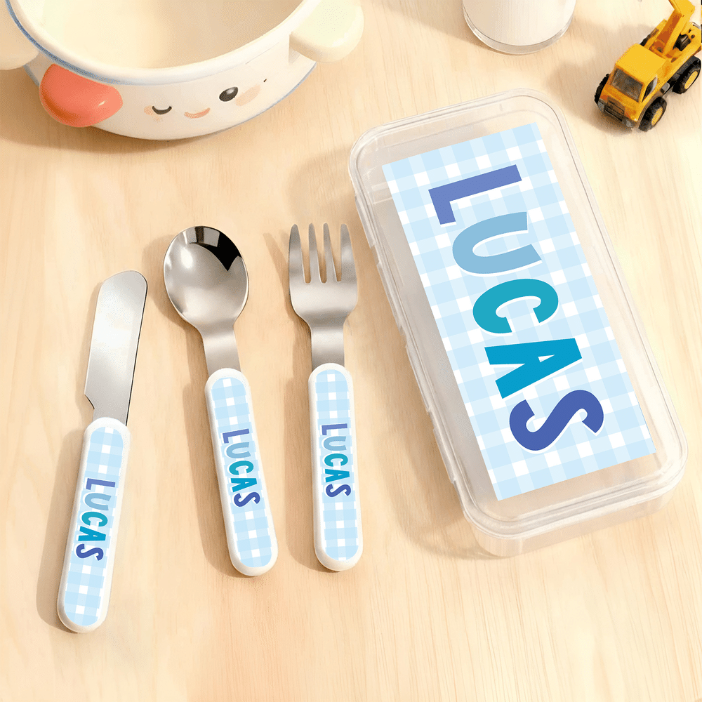 Juego de cubiertos de acero inoxidable de 3 piezas (tenedor, cuchara y cuchillo) con diseño personalizado en forma de cuadrícula, con nombre y estuche. Para uso diario. Regalo de cumpleaños para niños y niñas. 6
