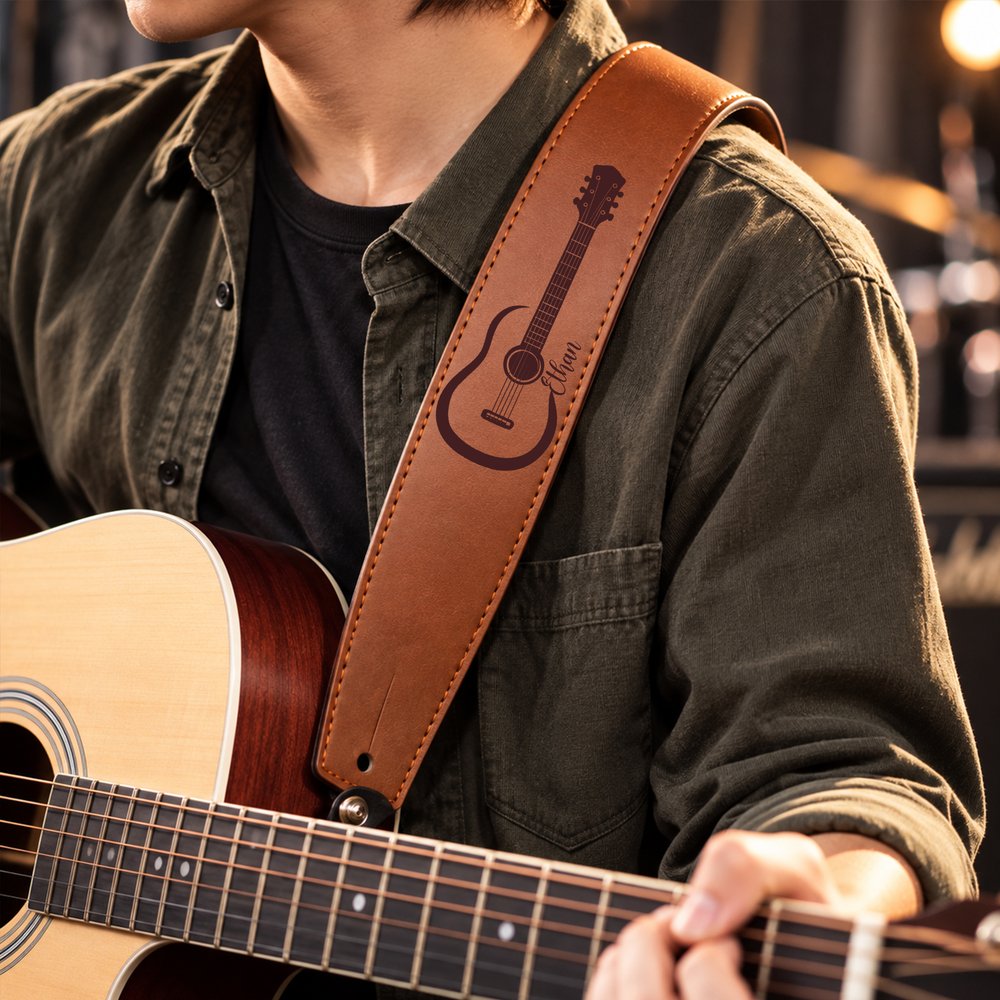Personalised Guitar-Themed Pattern Adjustable PU Leather Guitar Strap with Name Music Accessories Birthday Gift for Guitarist Musician 4