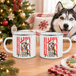 Mug émaillé personnalisé de 12 oz avec photo de chat ou de chien, bonnet de Père Noël et lumières colorées, avec prénom – Cadeau de Noël idéal pour les amoureux des animaux 5