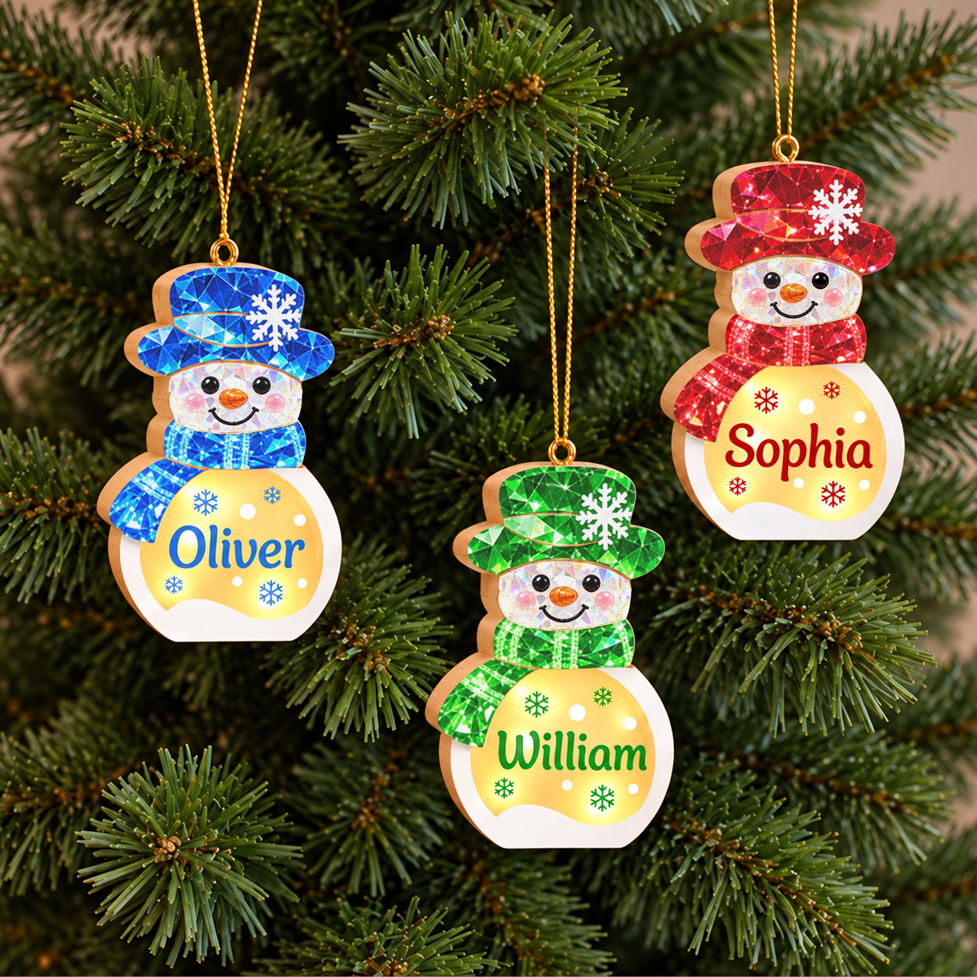 Personalized Multicolor Snowman Snowflake LED Light Wooden Ornament with Name Home Decor Christmas Gift for Kids Family Friends