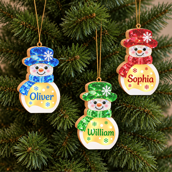 Personalized Multicolor Snowman Snowflake LED Light Wooden Ornament with Name Home Decor Christmas Gift for Kids Family Friends