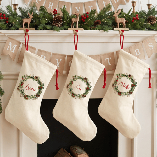 Personalised Holly Gingerbread Cookies Wreath Christmas Stocking Gift Bag with Name Fireplace Decor Christmas Gift for Family Couple