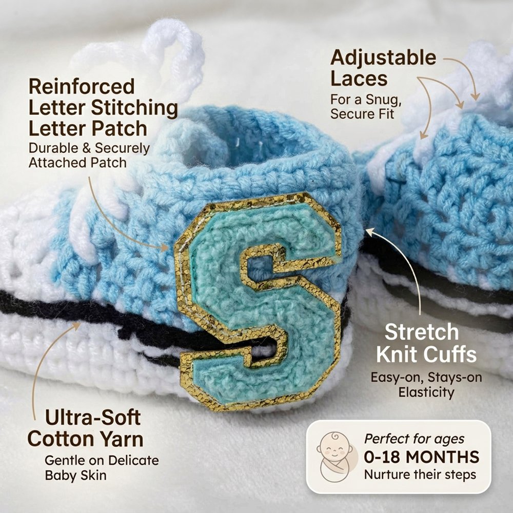 Gepersonaliseerde, zachte, gehaakte babysneakersokjes met initialen – voor dagelijks gebruik, als verjaardags- of babyshowercadeau voor pasgeborenen en ouders 5