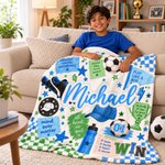 Personalised Soccer Sport Theme Soft Throw Blanket with Name and Number Game Day Birthday Christmas Gift for Soccer Player Boy Girl
