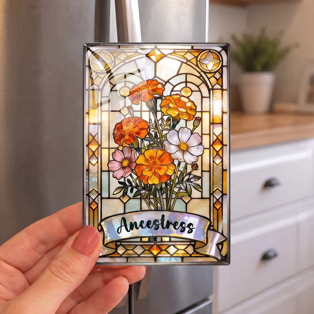Personalized Stained Glass Style Birth Flower Fridge Magnet with Name Home Decor Birthday Christmas Gift for Family Friends 2