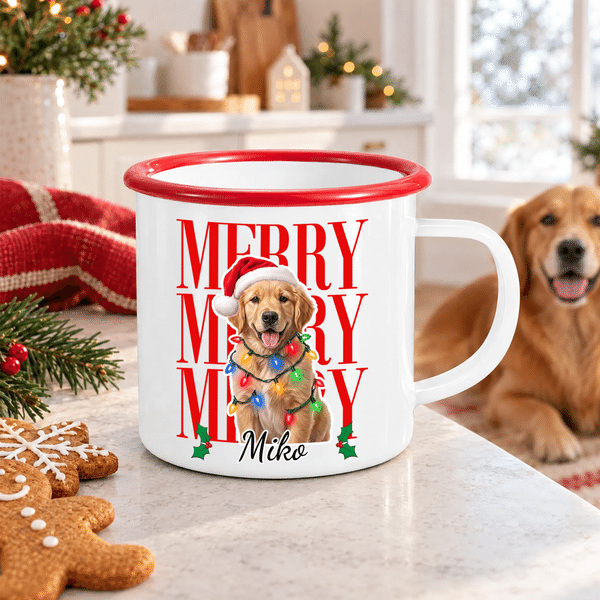 Personalized Pet Photos Santa Hat Christmas 12oz Enamel Mug with Name Christmas Pet Party Gift for Pet Moms