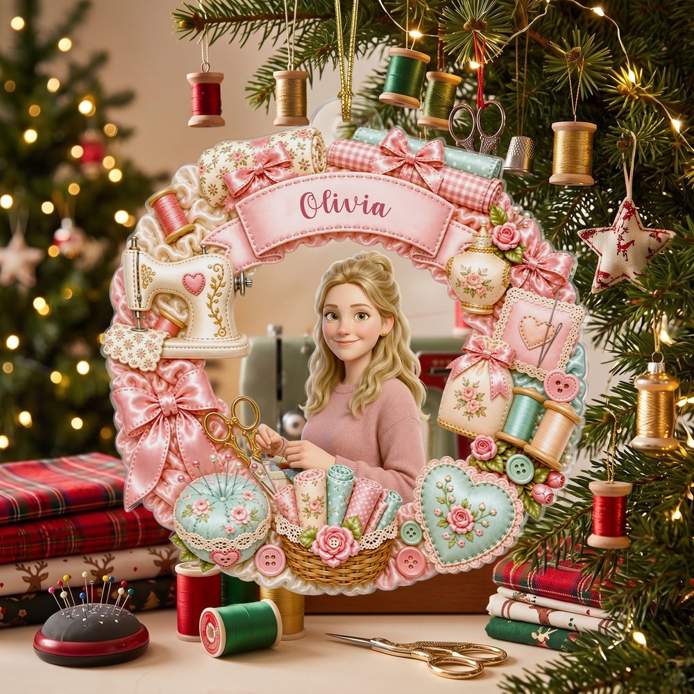 Personalized Sewing Theme Sweet Wreath Acrylic Ornament with Name and 4 Lanyards Home Decor Christmas Gift for Sewing Lover Mom Grandma Wife 7