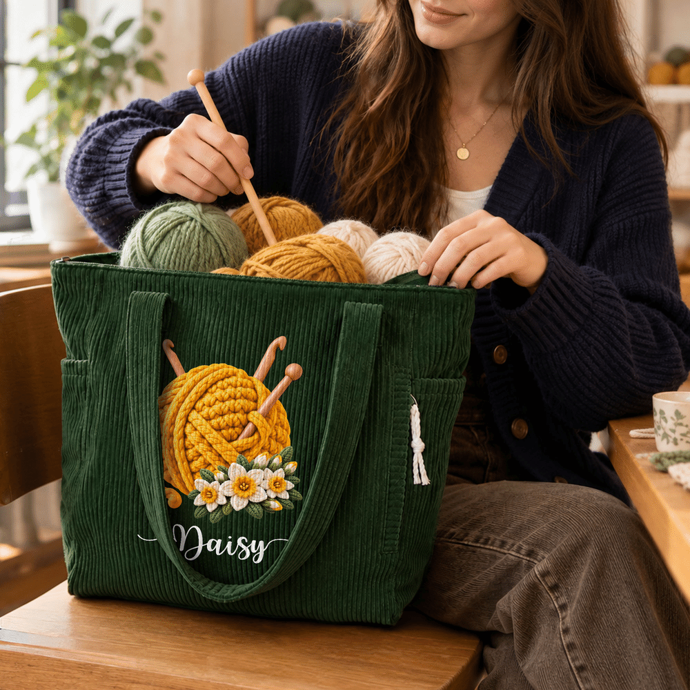 Personalized 3D-Effect Artwork Birth Flower Yarn Ball Knitting Needle Corduroy Tote Bag with Name Daily Use Birthday Gift for Mom Grandma Knitter 3